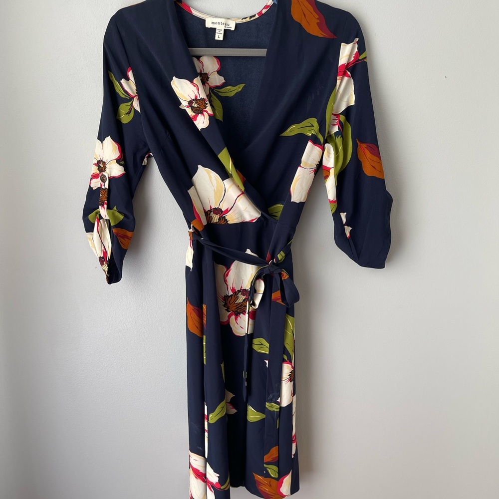 Monteau Blue and White Wrap Dress with Ruched Dolman Sleeves